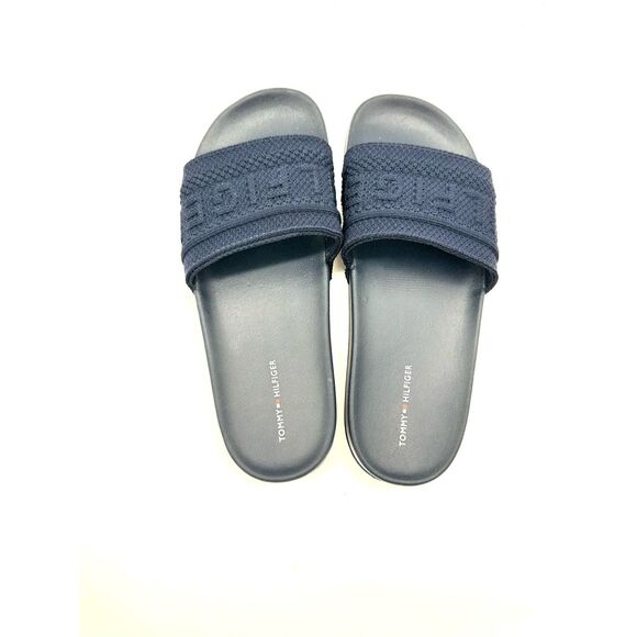 TOMMY HILFIGER Womens Navy Knit Logo Pool Slides Dollop Round Toe Slip On Slide - Picture 3 of 6